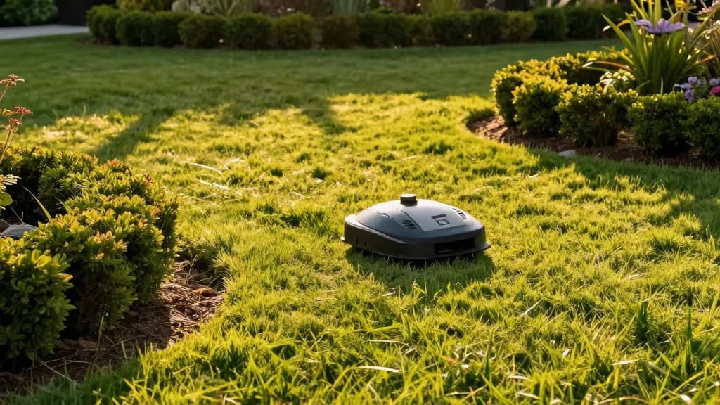 Un robot tagliaerba compatto che percorre un piccolo prato suburbano curato sotto la luce dorata del pomeriggio.