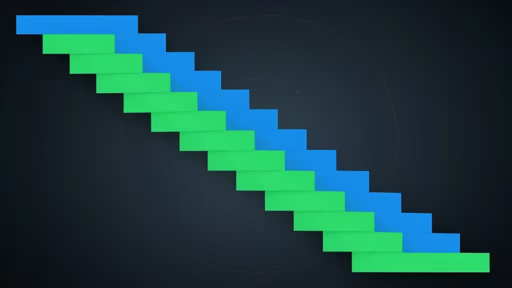 Blue and green stepped blocks descend diagonally, symbolizing automated DCA crypto trading strategies.