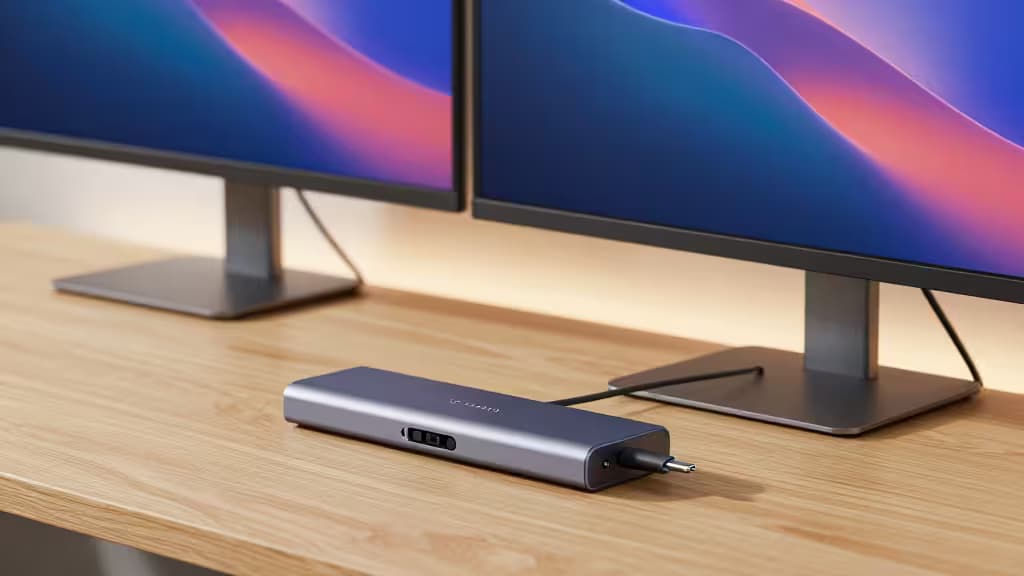 A sleek silver USB-C hub rests on a light wood desk, connecting two monitors with vibrant abstract wallpapers.