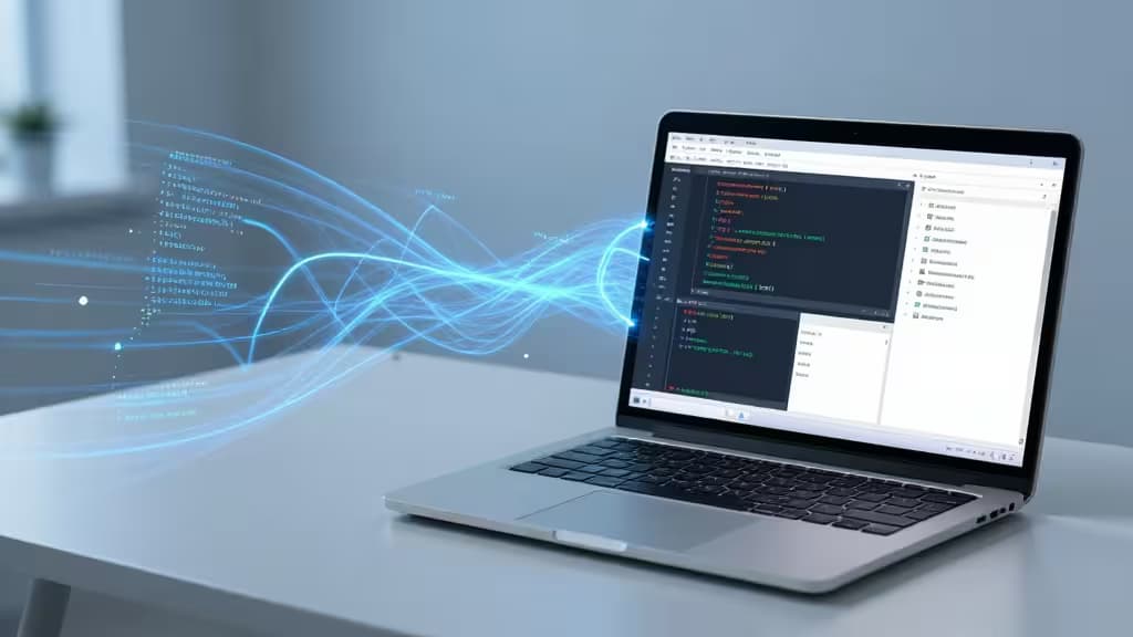 Laptop displays code with glowing blue data streams symbolizing AI-driven testing and documentation automation.