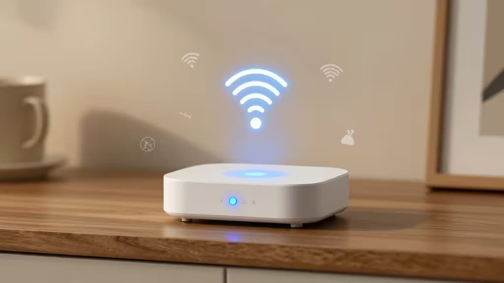 A sleek white Zigbee hub with glowing blue LED sits on a wooden desk, emitting wireless signals.