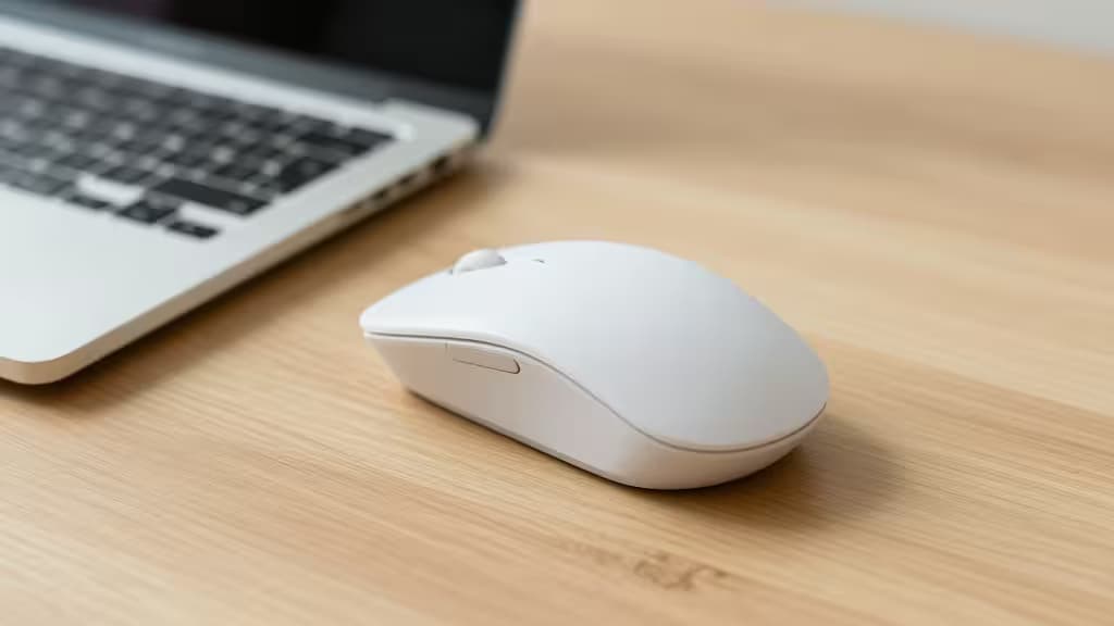 Um mouse ergonômico branco sobre uma mesa de madeira clara ao lado de um notebook prateado