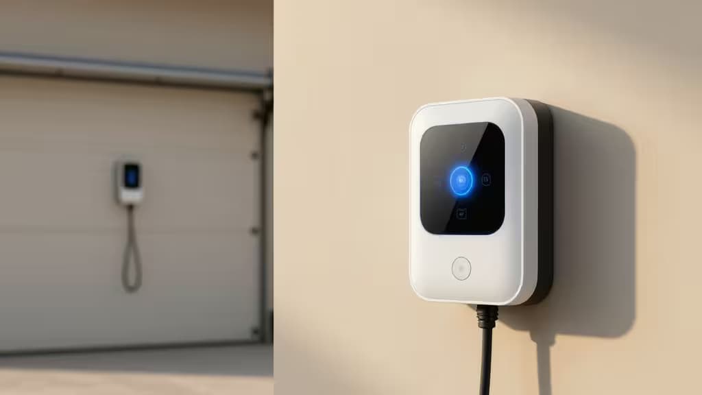 Weiße EV-Wallbox an beiger Garagenwand mit blauem Display und LED-Anzeige
