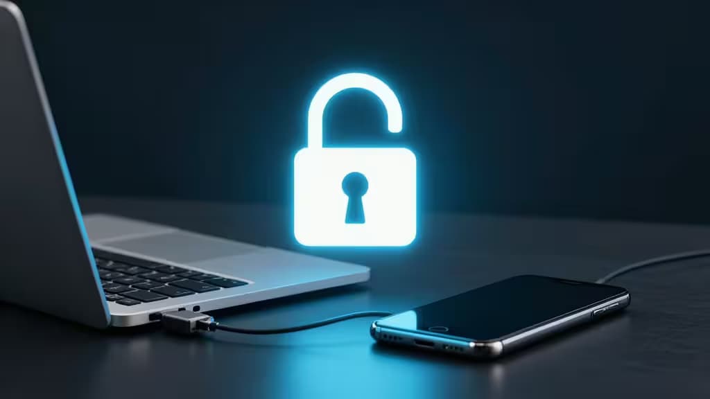 Un lucchetto digitale luminoso fluttua sopra un laptop e smartphone collegati, simboleggiando un caveau cifrato offline.