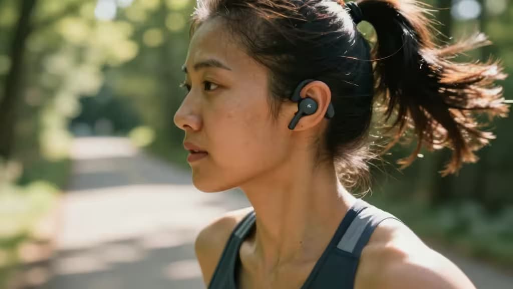Una donna corre all'aperto indossando auricolari wireless neri ed eleganti con monitoraggio della frequenza cardiaca integrato.