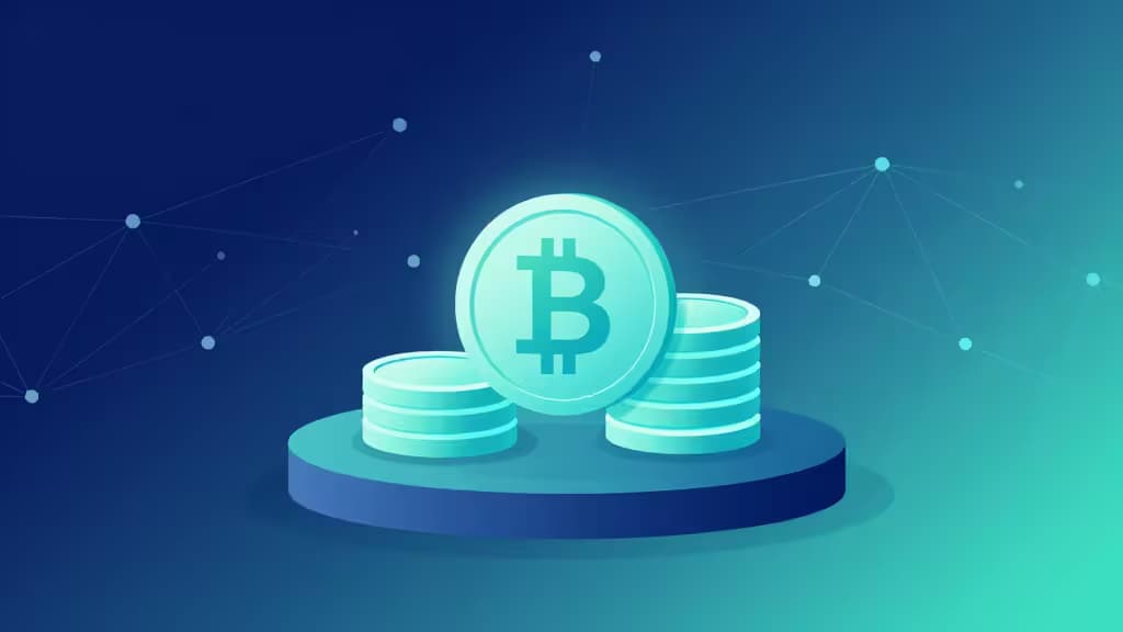 Glowing Bitcoin coin rests atop stacked teal coins on a circular platform, surrounded by abstract network lines against a gradient blue-green background.