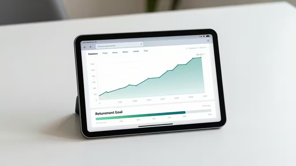 Tablet displays green portfolio growth chart and retirement goal progress bar on white desk.