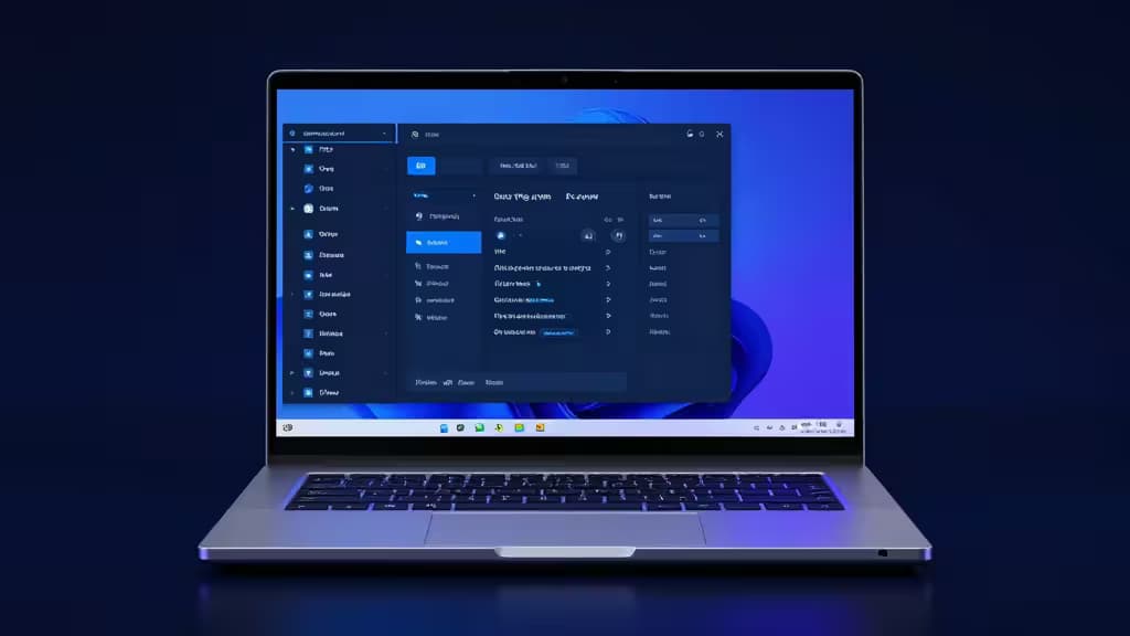 Srebrny laptop z ciemnym interfejsem VPN na ekranie, ustawiony na głębokim niebieskim tle
