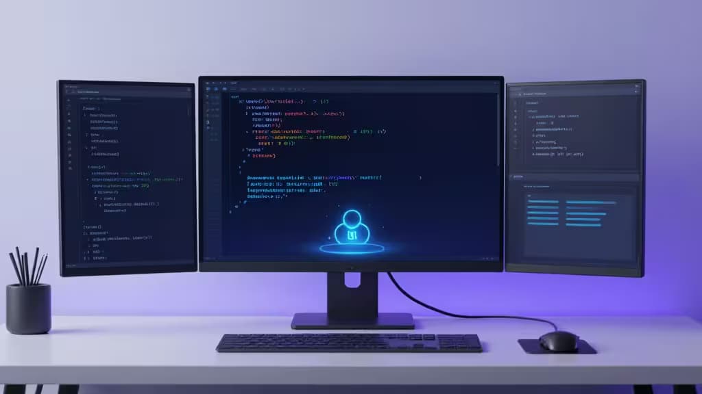 Trois écrans affichent du code Python et une interface IA sur un bureau minimaliste avec un éclairage violet ambiant.