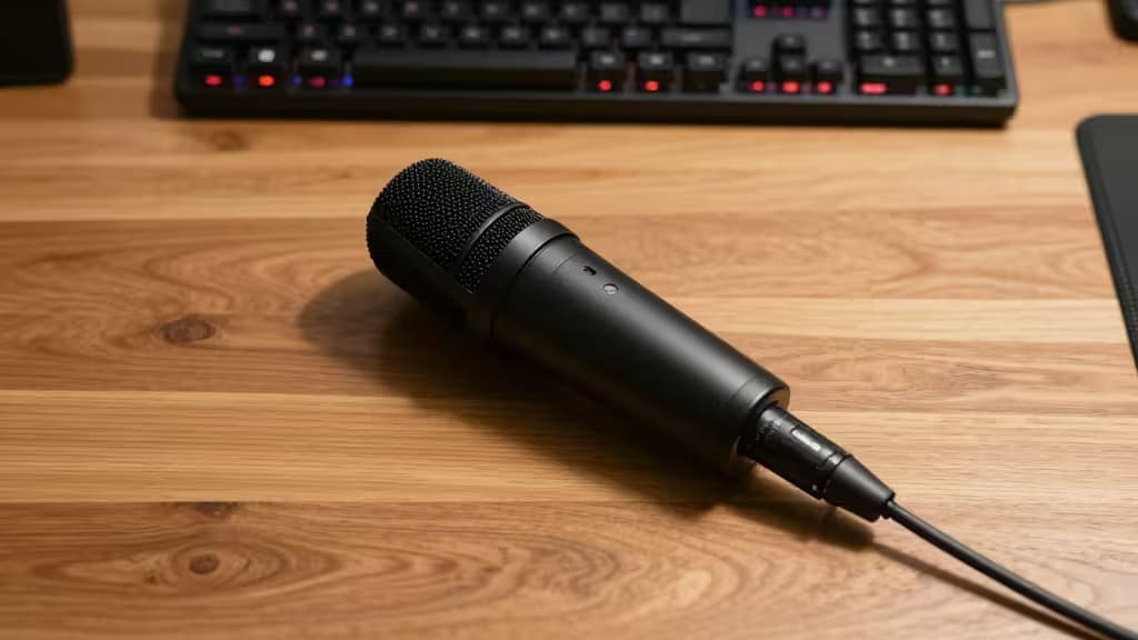A sleek black dynamic microphone rests on a warm wood desk beside a backlit keyboard.