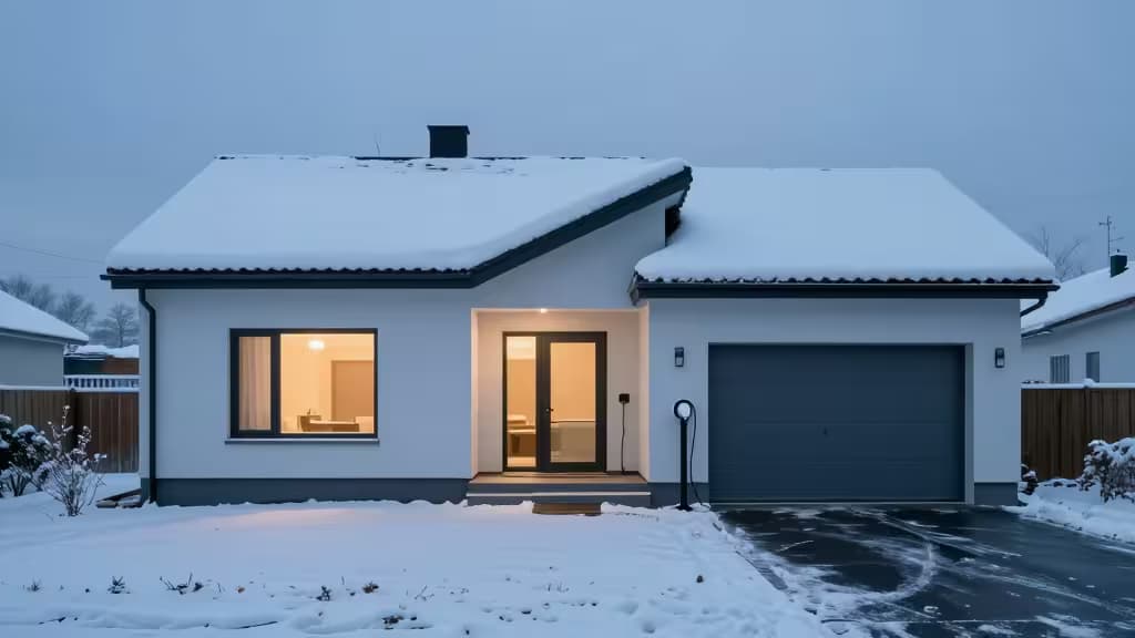 Modern white house with snow-covered roof, glowing windows, and EV charger in driveway.