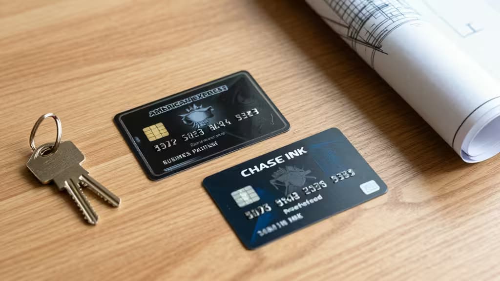 Two business credit cards, a house key, and rolled blueprint rest on a wooden desk.