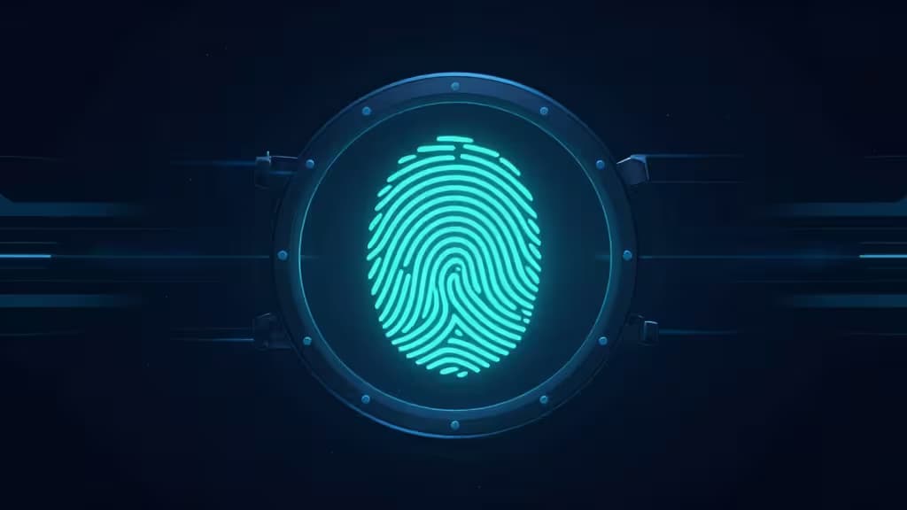 Concept di sicurezza digitale: un'impronta digitale luminosa che sblocca un vault crittografato su sfondo blu scuro, simbolo del login passwordless con passkey.