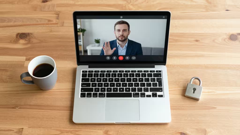 Silver laptop displays Zoom call, flanked by coffee mug and padlock on wooden desk.