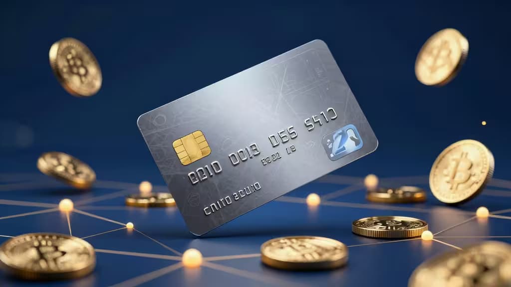 Silver credit card floats above glowing gold Bitcoin coins on a blue network grid.