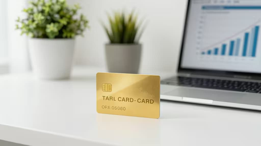 Una tarjeta de crédito dorada sobre un escritorio junto a un portátil con gráficos financieros, plantas verdes y luz natural