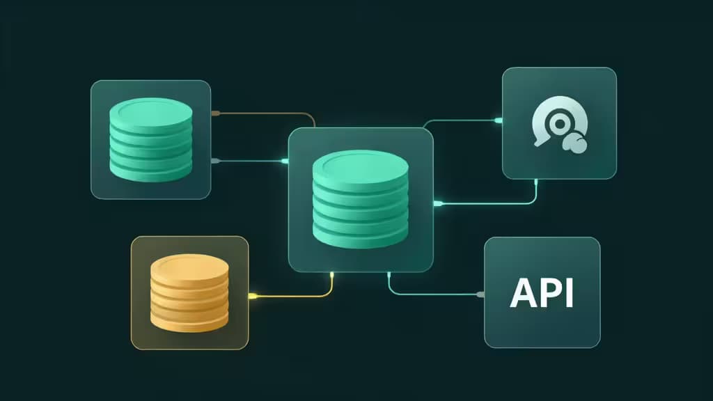 Abstract illustration of floating database, authentication, and API modules connected by glowing data streams in dark teal and amber tones
