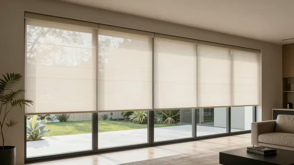 Motorized cream roller blinds cover expansive glass patio doors in a modern smart home.