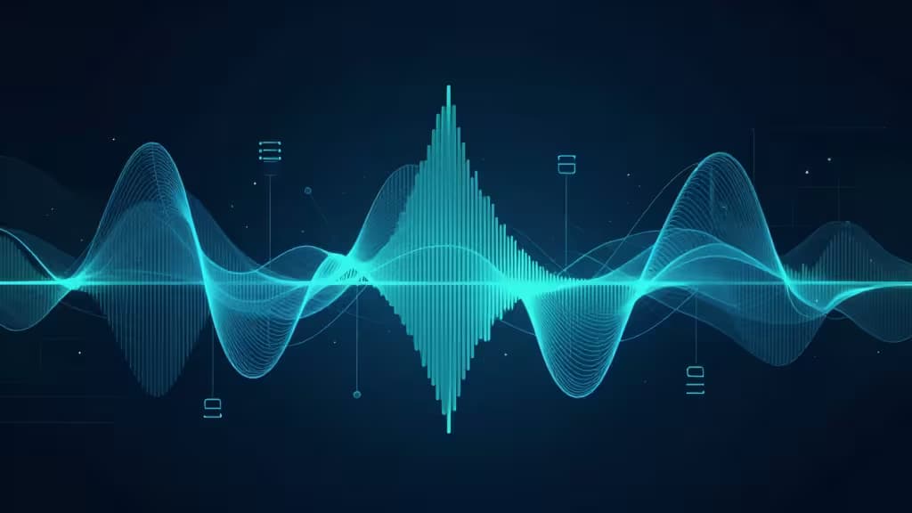 Glowing cyan waveform data visualization with sensor nodes and UI elements on dark blue background.