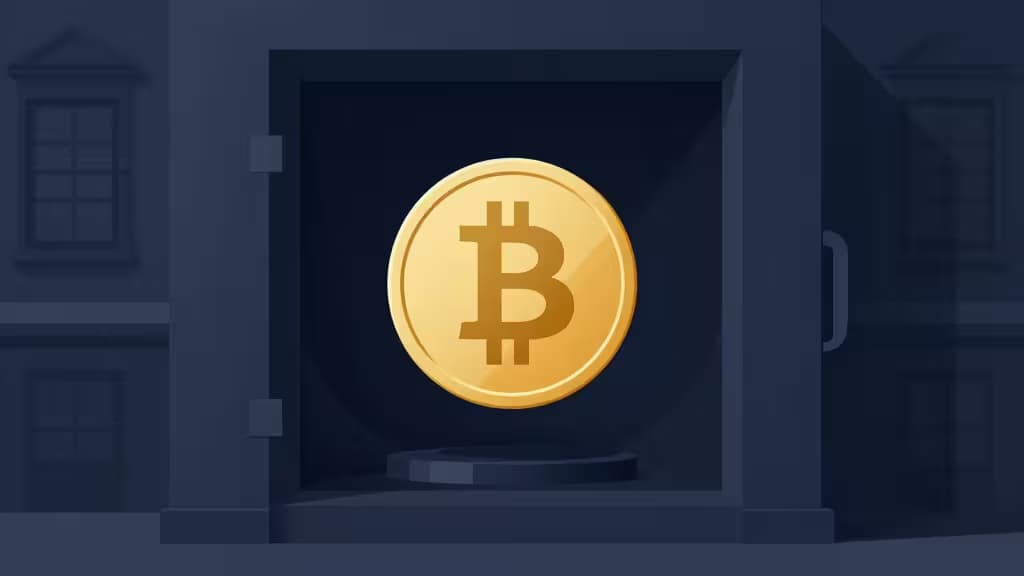 A golden Bitcoin coin rests on a pedestal inside an open, dark blue vault door.