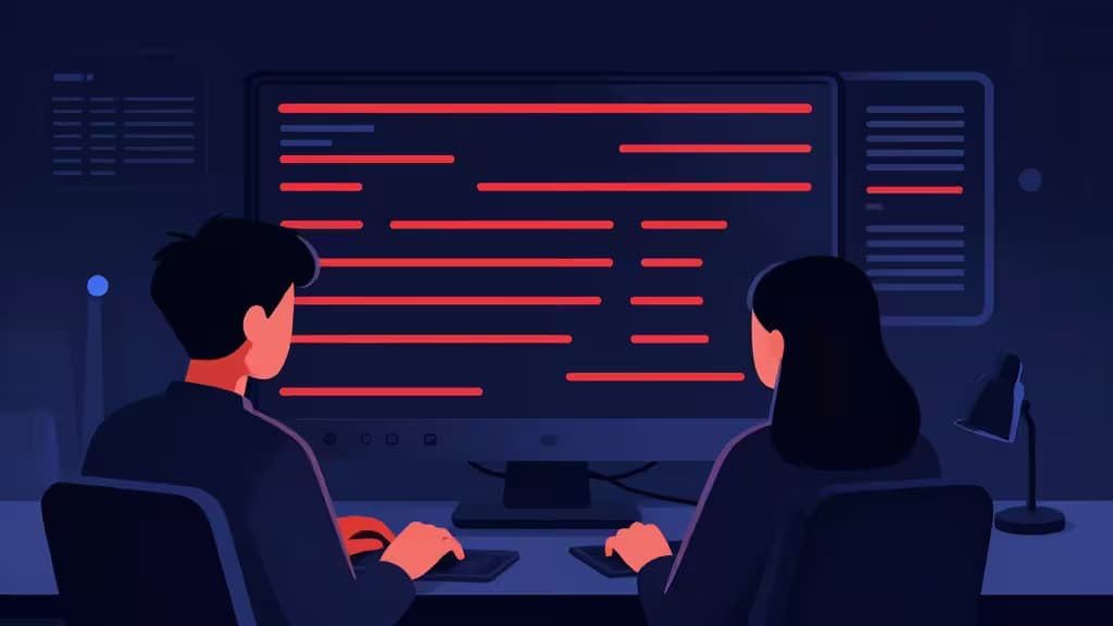 Dwóch analityków monitoruje czerwone strumienie danych na dużym ekranie w przyciemnionym centrum cyberbezpieczeństwa.