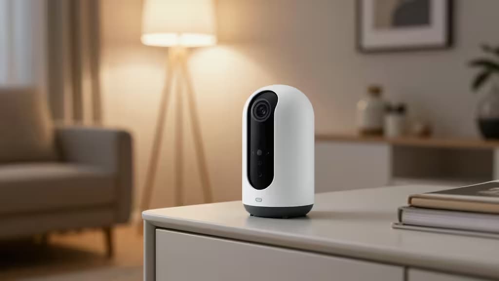 Een strakke witte slimme beveiligingscamera met een zwarte lens staat op een moderne witte tafel in een knusse woonkamer.