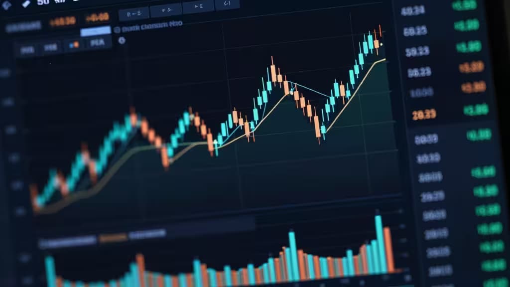 Abstract financial trading dashboard with glowing candlestick charts and leverage indicators on a dark background