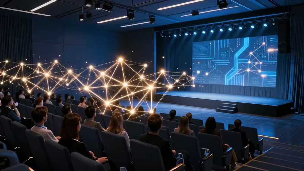 Salle de conférence moderne avec des connexions de réseau neuronal IA lumineuses superposées aux sièges et à la scène, palette bleu profond et ambre