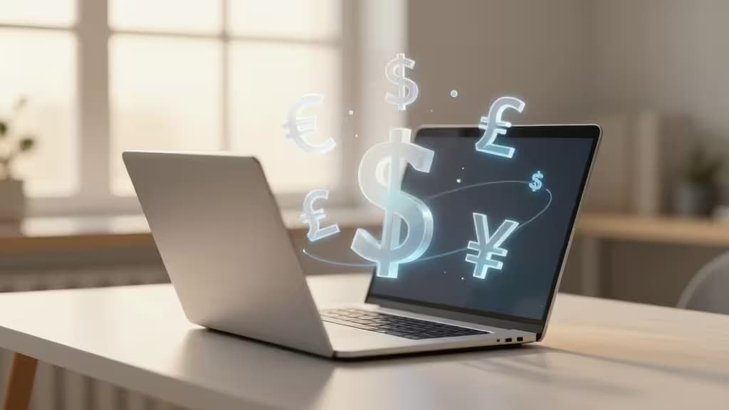 Holographische Währungssymbole schweben über einem Laptop-Bildschirm auf einem minimalistischen Schreibtisch und symbolisieren nahtloses globales Finanzmanagement für Remote-Arbeiter.