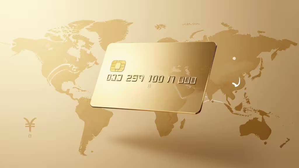 A metallic business credit card floating above a stylized world map with golden light and subtle currency symbols, representing international freelance spending.