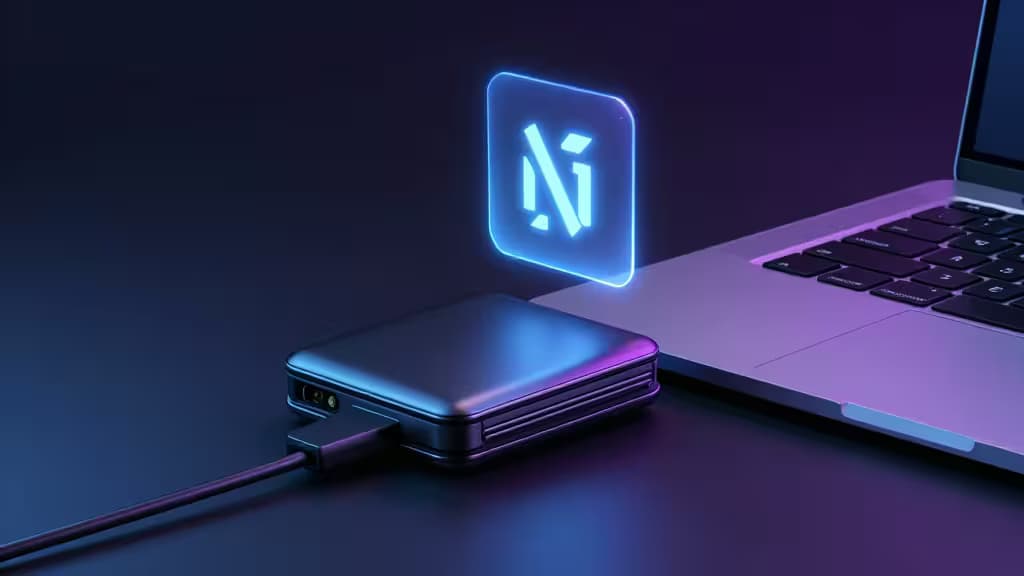 Metallic hardware wallet connects to laptop, glowing NFT icon hovers above.