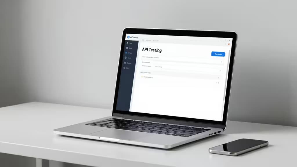 Silver laptop displays API testing interface on white desk beside smartphone, clean modern aesthetic.