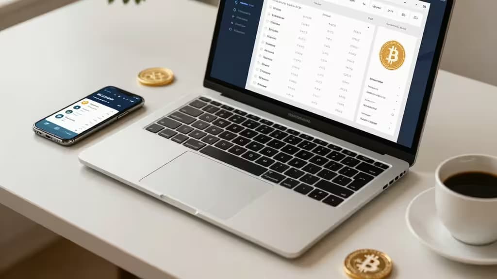 Laptop displays crypto bank comparison app, flanked by smartphone, Bitcoin coins, and coffee cup on white desk.
