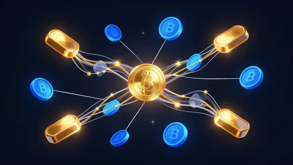 Ein leuchtender goldener Bitcoin-Coin strahlt Energie durch leuchtende Kabel aus, die blaue Krypto-Token und goldene Kapseln vor einem dunklen Hintergrund verbinden.