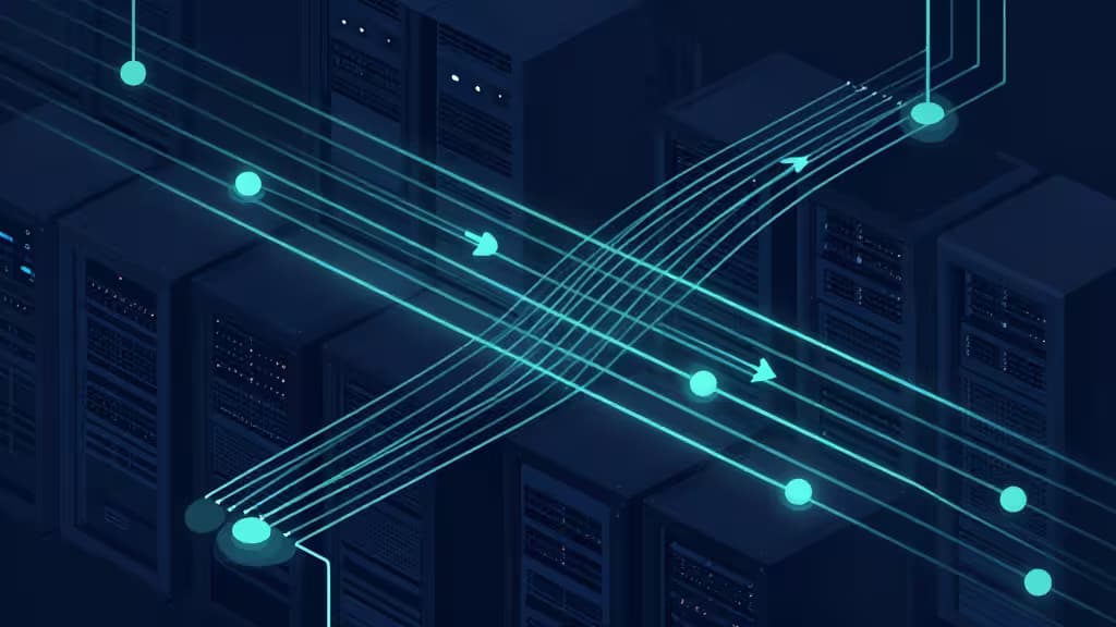 Abstract illustration of background job processing with interconnected nodes, glowing data pipelines, and server infrastructure in deep blue and teal tones