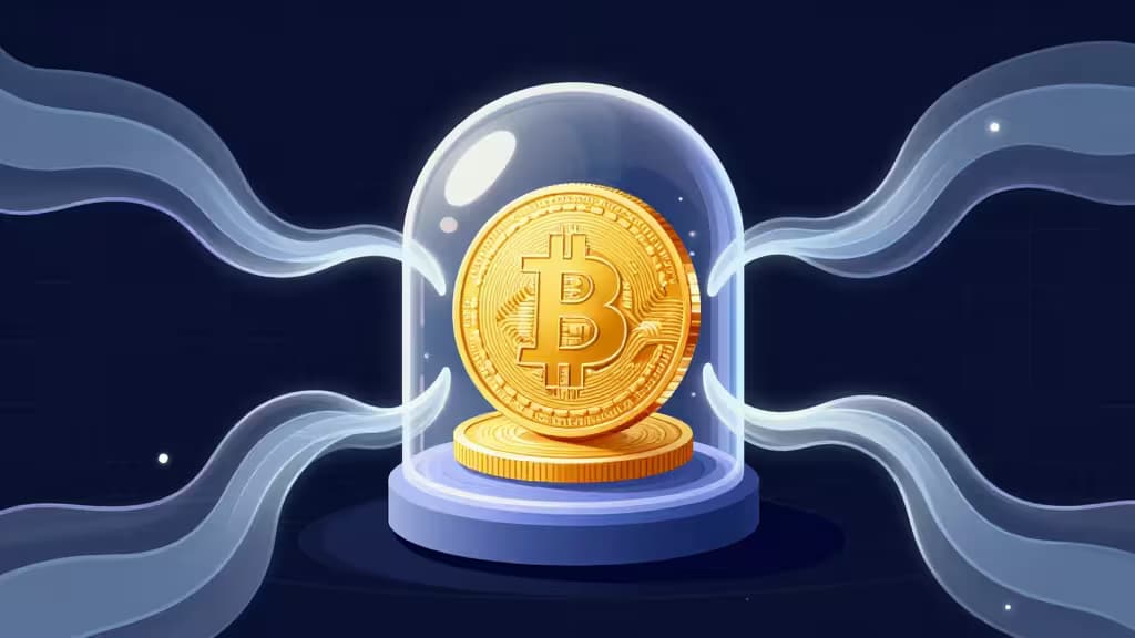 Goldene Bitcoin-Münzen unter einer Glaskuppel, umflossen von blauen Energiebändern — Symbol für sicheres Krypto-Backed-Lending und Liquidität in der CeFi-DeFi-Landschaft 2026.