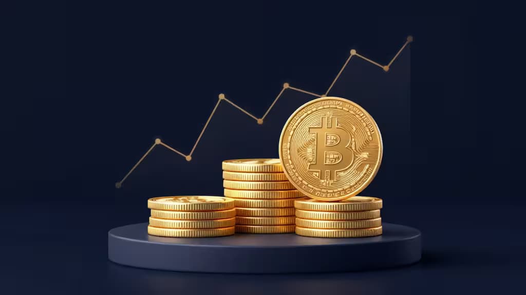 Abstract illustration of stacked cryptocurrency coins with golden yield growth lines on a dark navy background, representing low-fee staking yields.
