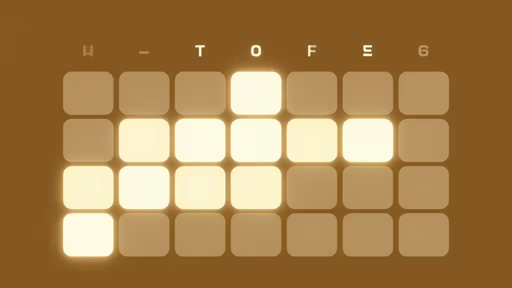 Glowing calendar grid displays AI-optimized scheduling blocks on warm brown background.