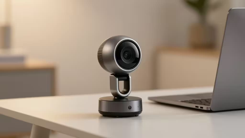 Eine schlanke, metallische Webcam mit rundem Objektiv steht auf einem weißen Schreibtisch neben einem Laptop, bereit für Zoom-Anrufe.