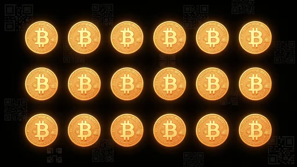 Rappresentazione astratta di Bitcoin Ordinals: satoshi dorati disposti su una griglia con motivi crittografici su sfondo scuro