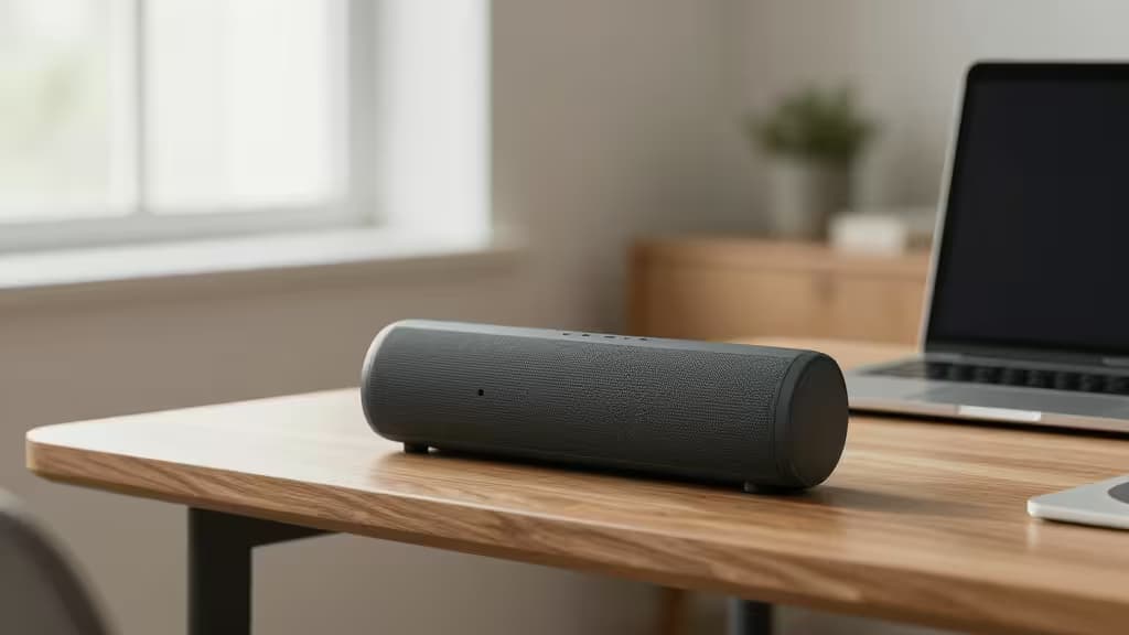 Чёрный тканевый Bluetooth-спикерфон на светлом деревянном столе рядом с ноутбуком, мягкое освещение из окна, редакционная фотография для обзора.