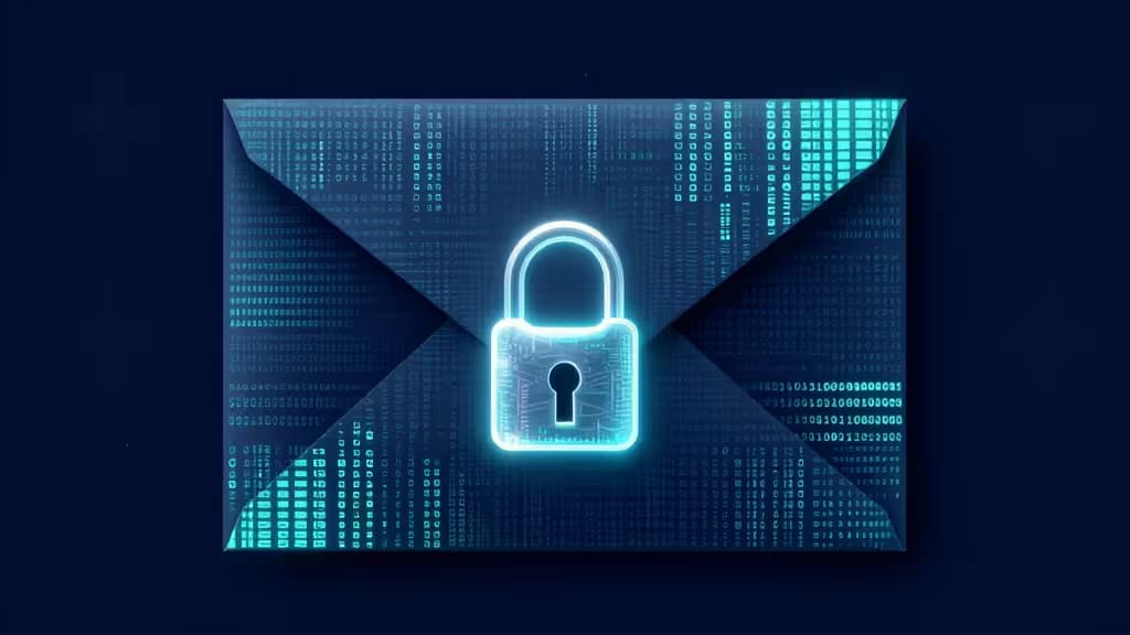 Abstract voorstelling van een versleutelde e-mail: een envelop opgebouwd uit glinsterende codefragmenten, beschermd door een transparant hangslot, tegen een donkerblauwe achtergrond met een subtiel Zwitsers kruismotief.