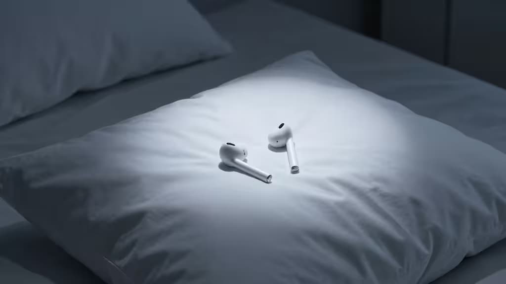 White wireless earbuds rest on a white pillow in a dimly lit bedroom.