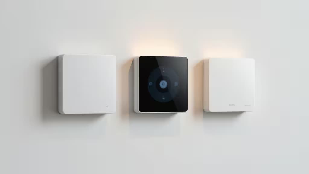 Drei elegante, weiße Smart-Thermostate mit zentralem schwarzen Touchscreen-Display, montiert an einer minimalistischen Wand.