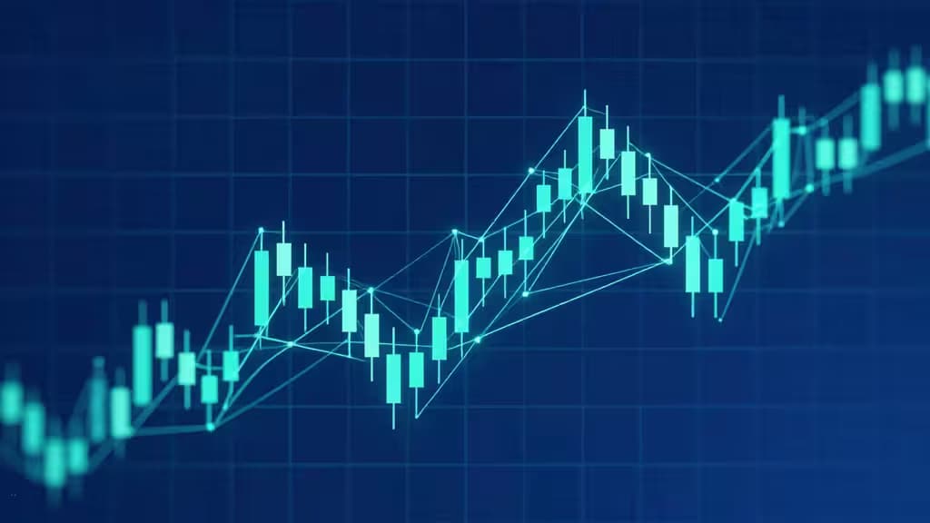 Abstract illustration of a cryptocurrency grid trading concept with a glowing geometric grid overlay on candlestick chart patterns and interconnected network nodes in blue and teal.