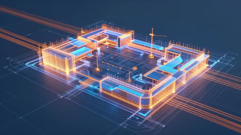 Glowing orange and blue digital blueprints with circuit-like data overlays on a dark background.