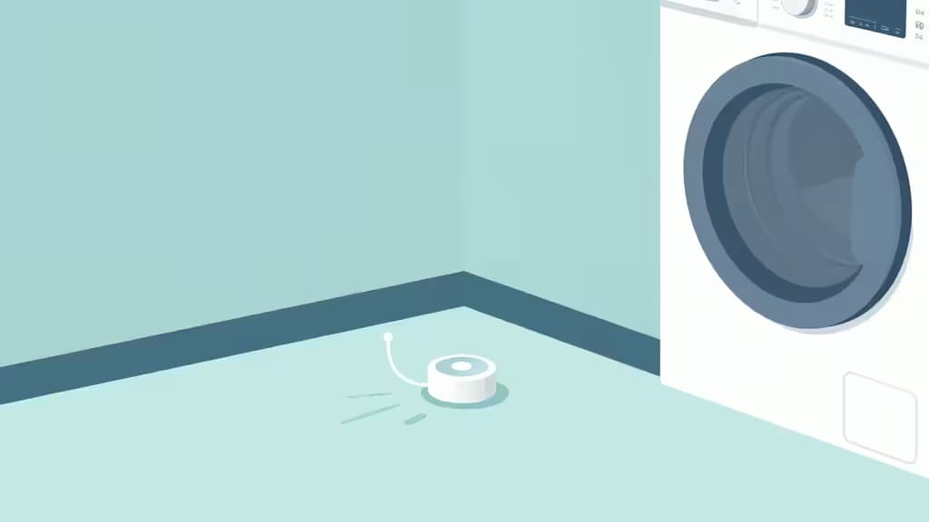 Illustration d'un détecteur de fuite d'eau intelligent posé sur le sol d'un sous-sol moderne près d'une machine à laver