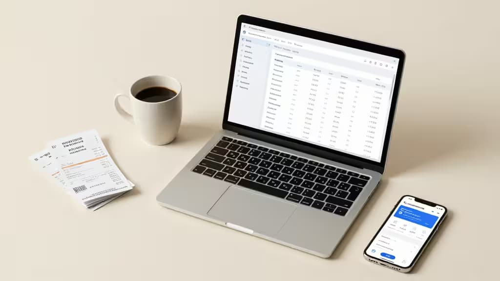 A clean desk with a laptop displaying a financial dashboard, a smartphone showing a finance app, neatly stacked receipts, and a coffee cup in soft natural light.