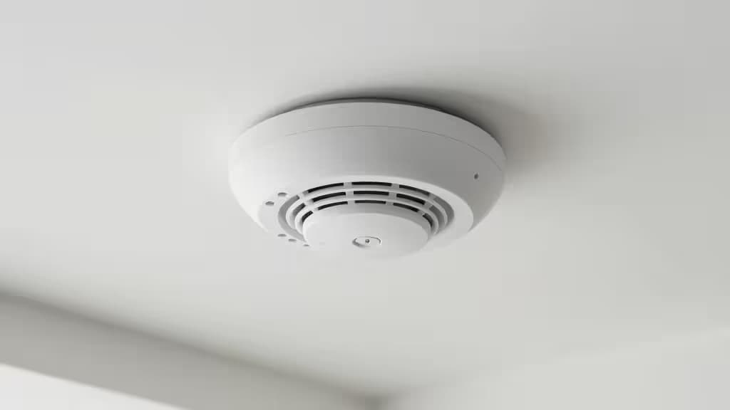 Moderne slimme rookmelder op een wit plafond in een minimalistisch interieur met zacht natuurlijk licht.