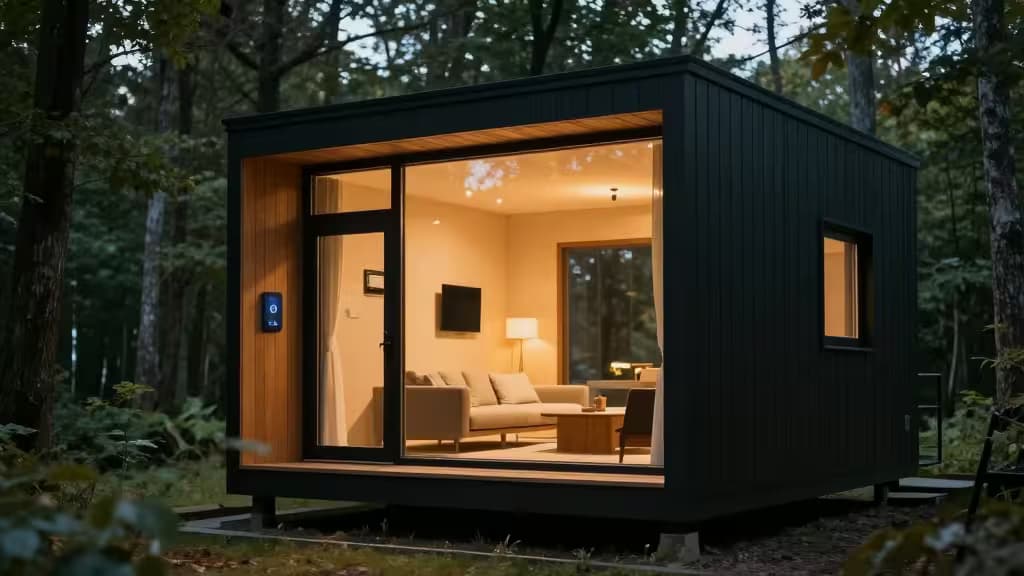 Donkere houten vakantiewoning met verlicht interieur en slim slot op de deur, genesteld in het bos bij schemering.